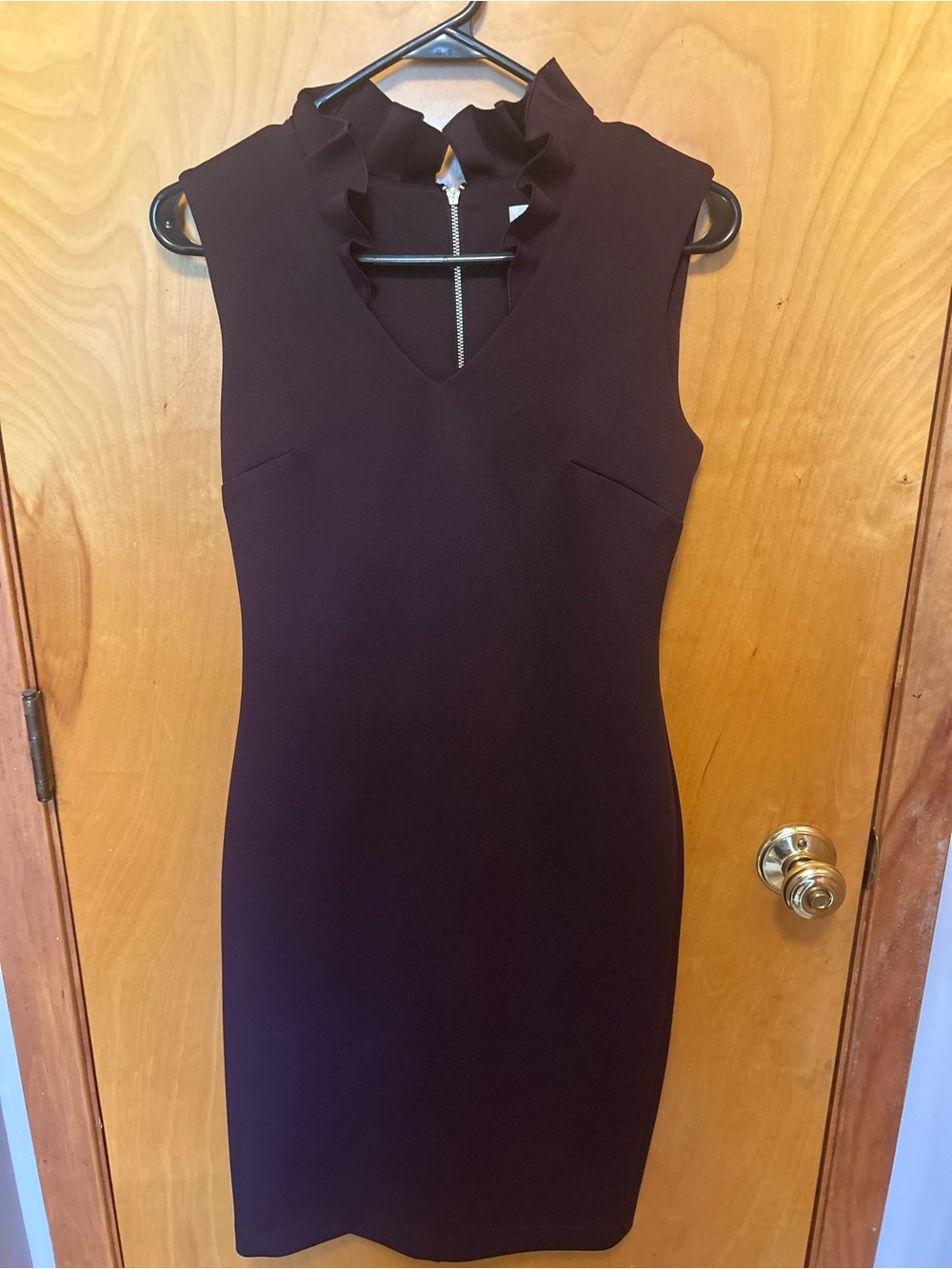 Calvin Klein Sleeveless Ruffle-Trim Sheath Dress in Deep Plum